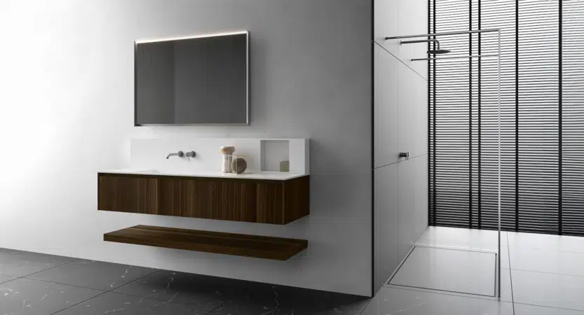 meuble de salle de bain en bois avec douche italienne design