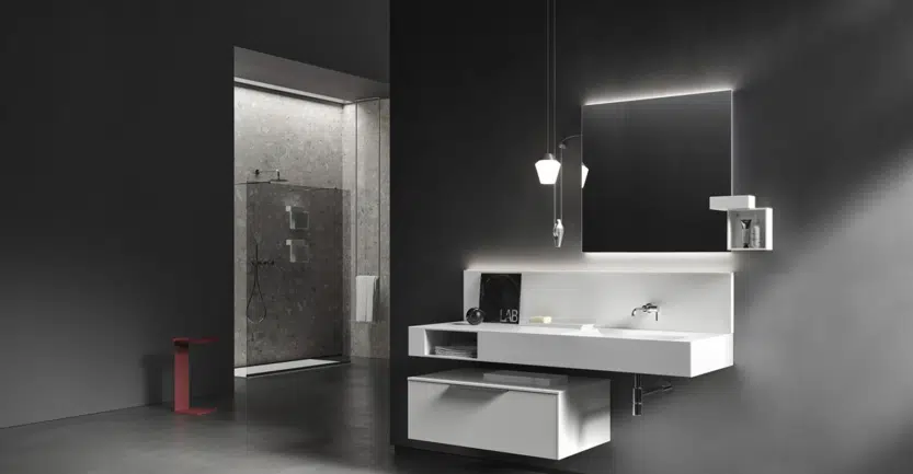 douche à l'italienne design luxe avec miroir rétro éclairé
