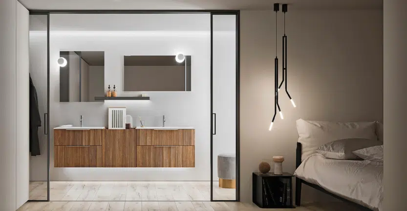 accessoires salle de bain de luxe avec meubles suspendus