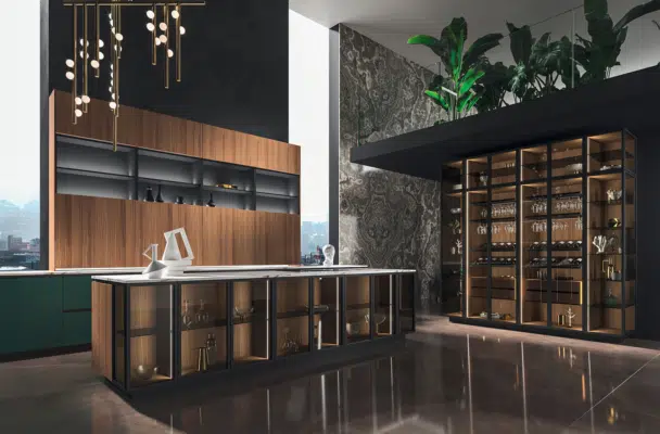cuisine de luxe ouverte avec îlot central vert