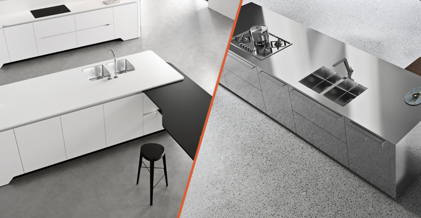 Plan de travail en quartz dans une cuisine haut de gamme vs plan de travail en inox
