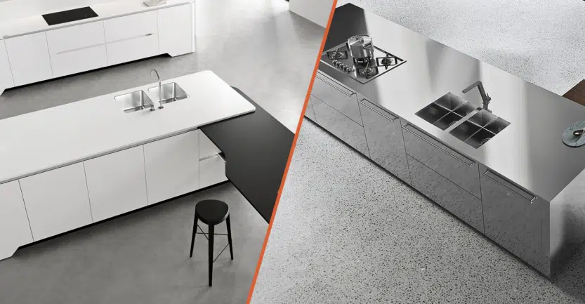 Plan de travail en quartz dans une cuisine haut de gamme vs plan de travail en inox