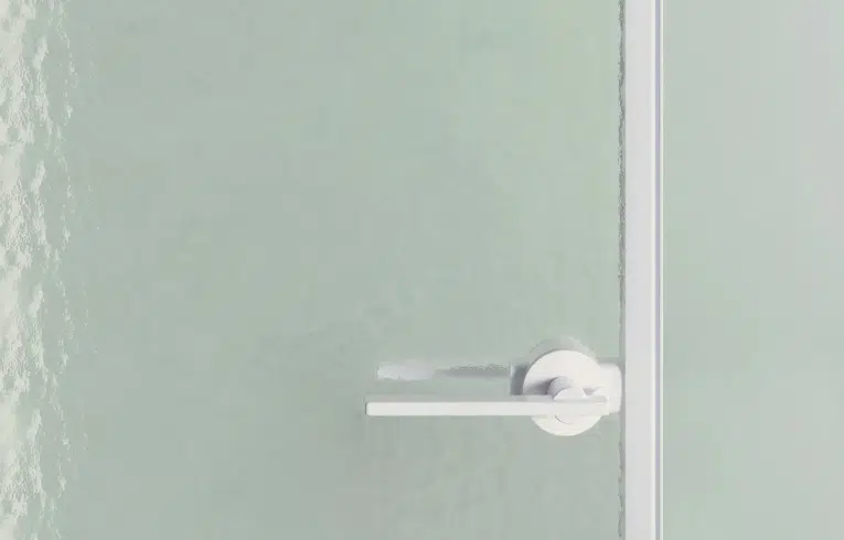 Porte battante vitrée avec un zoom sur la poignée blanche